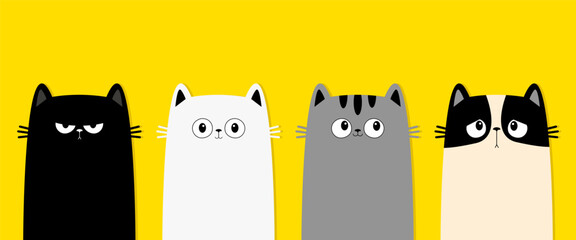 Cat set line. Black, gray, white kitten icon. Funny face head. Different emotion. Sad happy angry. Cute cartoon character. Kawaii animal. Love card. Flat design. Yellow background. Isolated. Vector