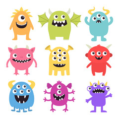 Happy Halloween. Monster icon set. Cute kawaii cartoon funny baby character. Sticker print. Colorful silhouette. Eyes, fang teeth, horn, wing. Childish style. Flat design. White background. Vector