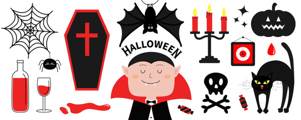Happy Halloween. Count Dracula icon set. Bat, spider web, blood wine bottle glass, coffin, cat, pumpkin, red eye, candle holder. Cute cartoon vampire character. Flat design. White background. Vector