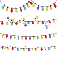 Christmas lights big set. Colorful string fairy light. Lightbulb glowing garland line. Different shape. Cartoon holiday festive xmas decoration. Rainbow color. Flat design. White background. Vector