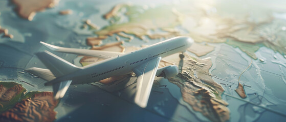 Miniature airplane on a map, symbolizing travel and exploration.