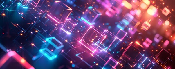 Naklejka premium Vibrant digital technology background with geometric patterns and neon lights, evoking a sense of energy and modernity.