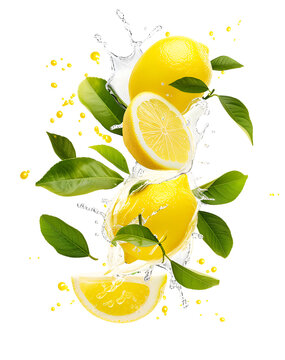 Fresh raw whole and cut lemons with green leaves and juice splash falling in air isolated on white