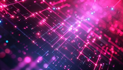 Obraz premium Vibrant digital technology background with geometric patterns and neon lights, evoking a sense of energy and modernity.