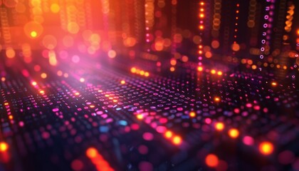 Vibrant digital technology background with geometric patterns and neon lights, evoking a sense of energy and modernity.