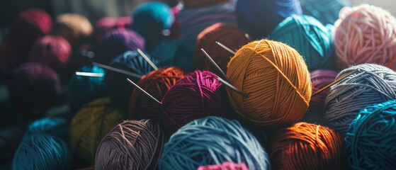 Colorful yarn balls and knitting needles form a vibrant tapestry of creativity and craft.