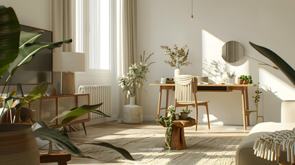 Modern and design home interior of open space with wooden desk coffee table sofa chair plants mirror macrame and elegant accessories Stylish and minimalistic home decor Template Bright : Generative AI