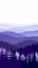 Misty mountain landscape with layered pine forest at twilight