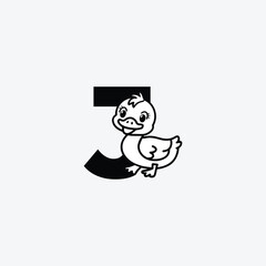 Initial Letter J with Duck Logo Design. Duck is sporting a happy smile. Letter J Vector cute animals character duck isolated illustration and lettering on white background.