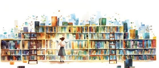 Set of watercolor of a librarian organizing books that whisper their contents