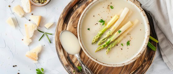 An overhead view of creamy asparagus soup with sprigs of herbs, an epitome of culinary art.