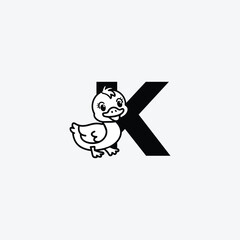 Initial Letter K with Duck Logo Design. Duck is sporting a happy smile. Letter K Vector cute animals character duck isolated illustration and lettering on white background.
