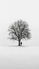 Person standing under a tree in the snow. Winter background. Vertical background 