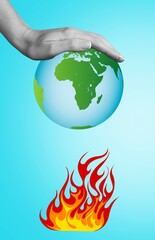 conceptual collage of earth planet under flame, warming concept