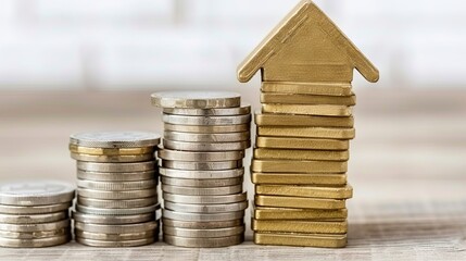 Increasing financial success with gold arrow and stacked coins