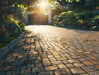 Sun-kissed cobblestone driveway leading to a beautiful gated garden