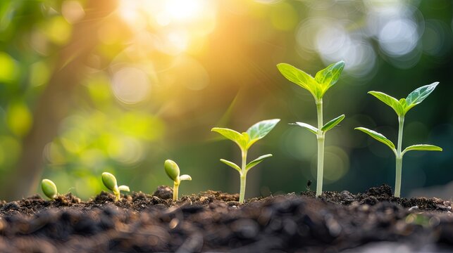 Stages of plant growth in sunlight with nature bokeh background