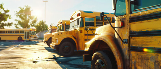 Golden hour illuminates a convoy of iconic yellow school buses, awaiting the daily routine.