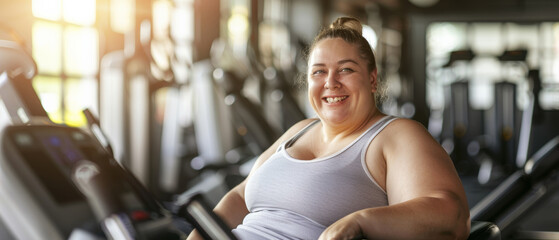 Radiant woman shares a joyful smile while taking a break at the fitness center.