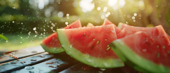 Juicy watermelon slices sprinkled with water drops on a summer day. - Powered by Adobe