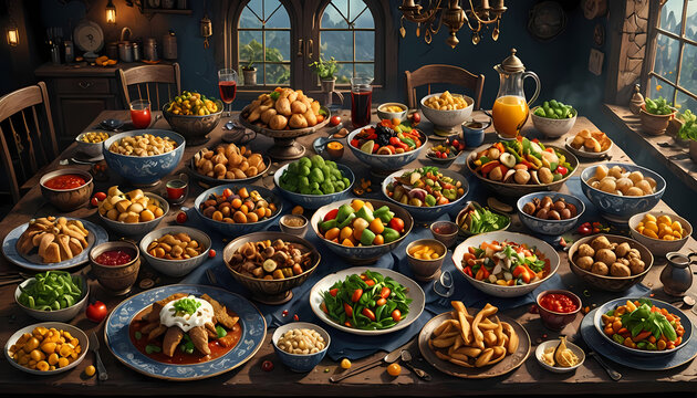 Table filled with food and dishes Background