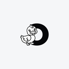Initial Letter O with Duck Logo Design. Duck is sporting a happy smile. Letter O Vector cute animals character duck isolated illustration and lettering on white background.
