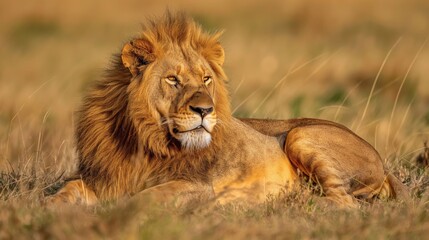 Fototapeta premium Majestic lion resting in savanna, close-up. Wildlife in natural habitat, the king of the jungle