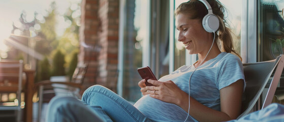 Pregnant woman enjoys music on smartphone, bathed in warm sunlight indoors. - Powered by Adobe