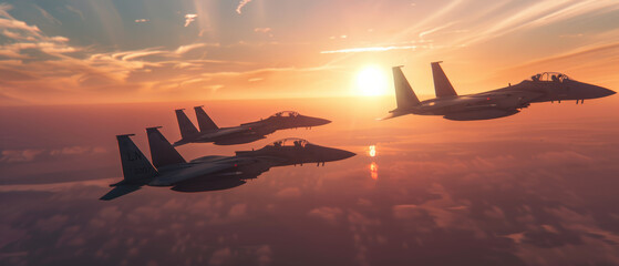 Dynamic shot of fighter jets in tight formation at sunset, showcasing military prowess in the skies.