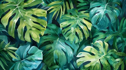 Vibrant abstract greenery in watercolors, featuring monstera leaves, for a lush, tropical forest wallpaper design