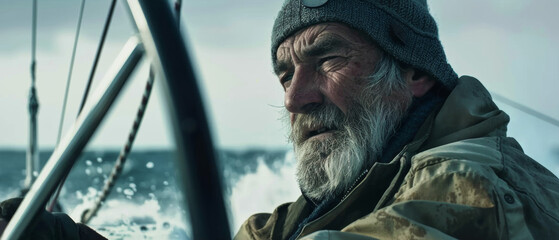 An old sailor reflects on past voyages while steering through stormy seas.