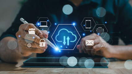 Businessman touching cloud computing network. Businessman shows cloud storage network technology icon, data transfer and online data storage for business network, data backup of business. 