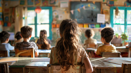 Obraz premium A girl with long hair sits in a classroom with other children