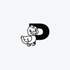 Initial Letter P with Duck Logo Design. Duck is sporting a happy smile. Letter P Vector cute animals character duck isolated illustration and lettering on white background.