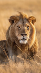 Obraz premium Majestic lion resting in savanna, close-up. Wildlife in natural habitat, the king of the jungle
