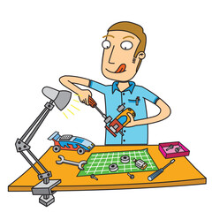 man fixing car toy enthusiastly. Available in vector eps 10 file