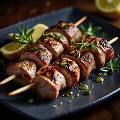 Grilled souvlaki meat with vegetables and with juicy lemon