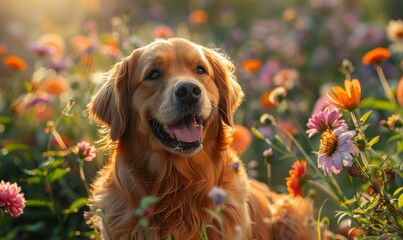 Radiant morning light illuminating a happy, fluffy dog playing in a blooming garden