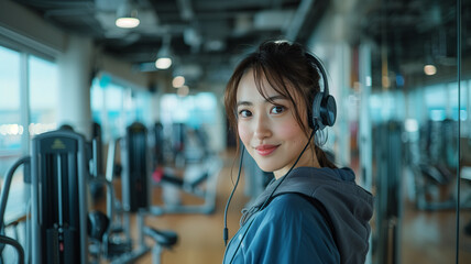 Fototapeta premium Confident Young Asian Woman with Headphones Ready for Workout in Gym