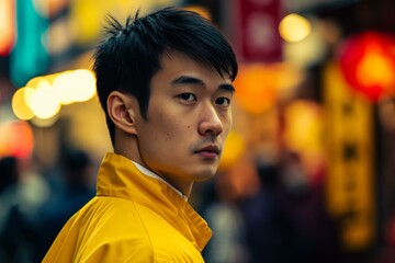 Portrait of a thoughtful young man in a vibrant yellow jacket with an illuminated urban background