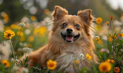Radiant morning light illuminating a happy, fluffy dog playing in a blooming garden