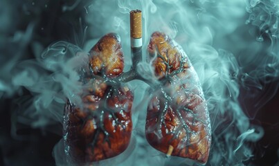 Smoking effect on the human lungs concept with cigarette inserting smoke inside the lungs