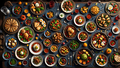 Table filled with food and dishes Background