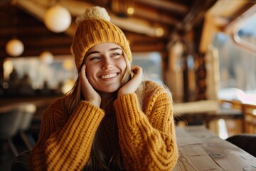 Cheerful woman enjoying her time at a cozy cafe. Dressed warmly in a knitted sweater and hat, capturing a moment of joy and relaxation.