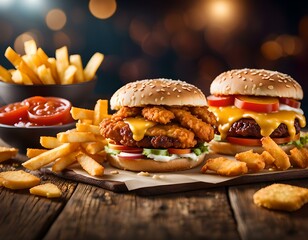 Hamburgers and fries, fast food commercial photo for marketing use