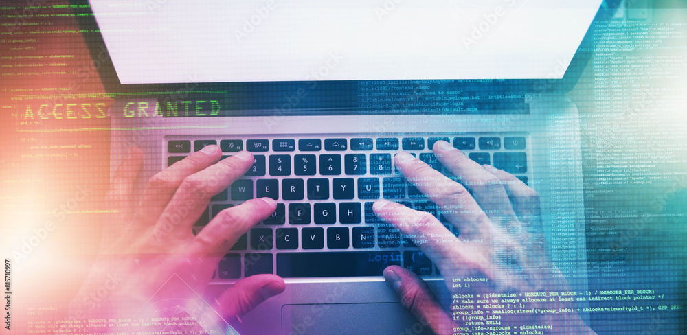 Aufkleber Hands, holographic and person with laptop, programmer and coding with internet, connection and keyboard. Mockup space, hacker and system with computer, overlay and cyber security with software update
