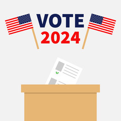 Vote 2024. Ballot Voting box with paper blank bulletin concept. Polling station. President election day. Crossed American flag set. Flat design. Greeting card Invitation print. White background Vector