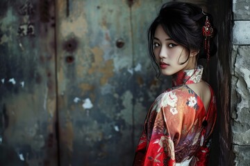 Beautiful young woman in an exquisite traditional dress posing near a rustic backdrop