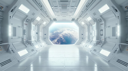 sci fi futuristic white space station interior, futuristic door in the center of frame with window looking out to planet earth outside