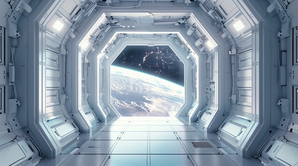sci fi futuristic white space station interior, futuristic door in the center of frame with window looking out to planet earth outside